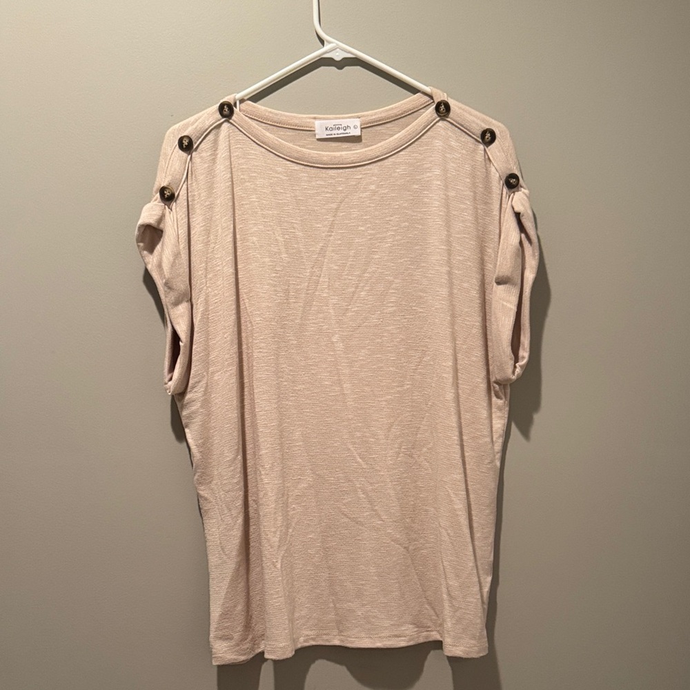 Kaileigh Beige Button-Shoulder Blouse